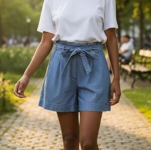 Like Wear Blue Chambray Shorts Paperbag Lightweight High Waist Tie Belt Size 6/S